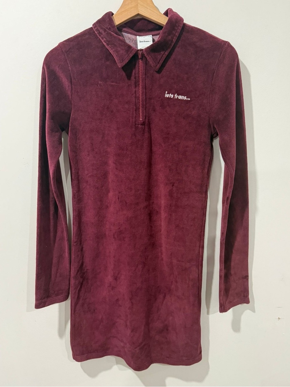 Jets Frans Burgundy Velour Zip Mock Neck Mini Dress Tunic Size S - Picture 2 of 8